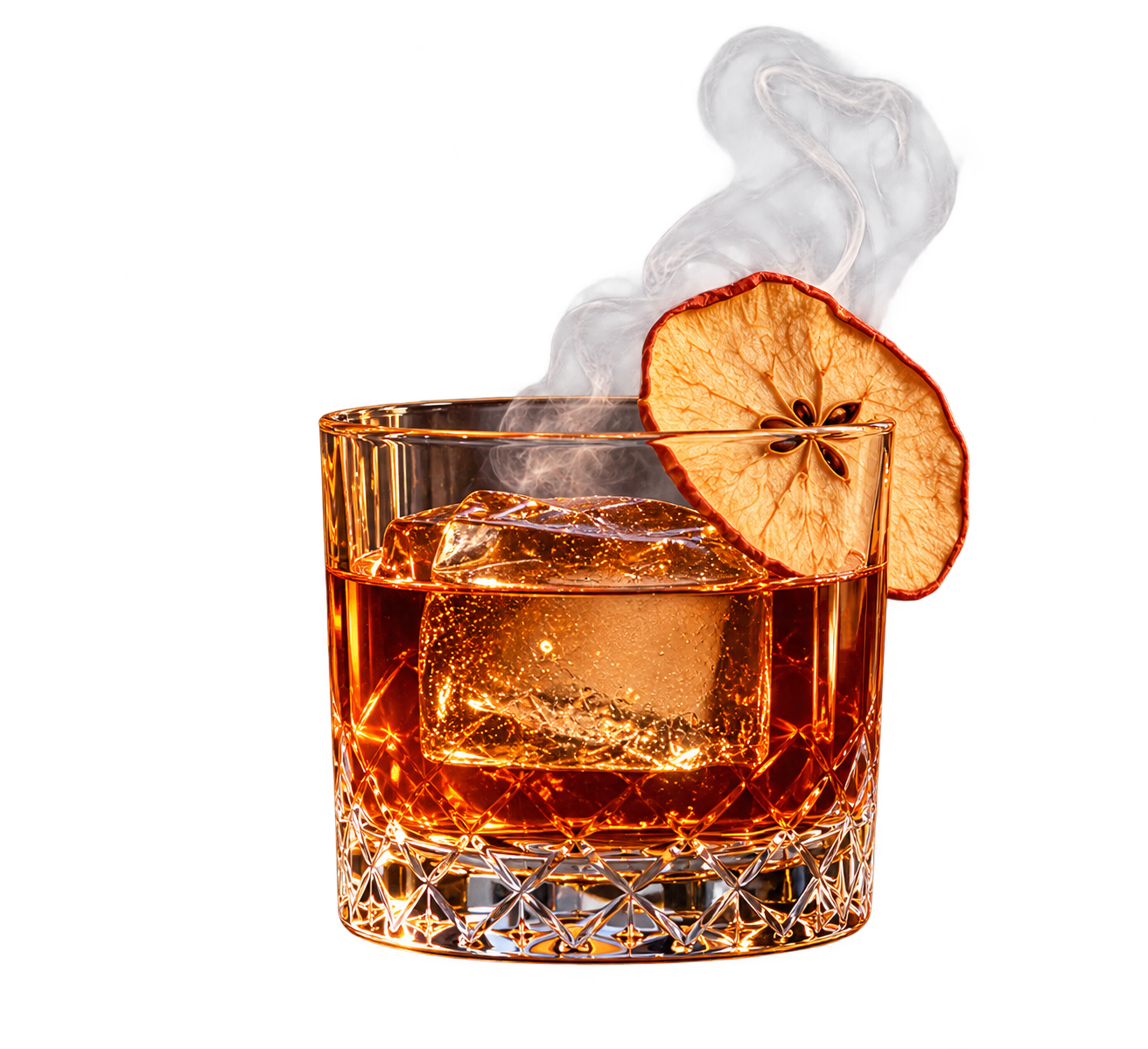 Needle & Ash cocktail in a rocks, one large cube